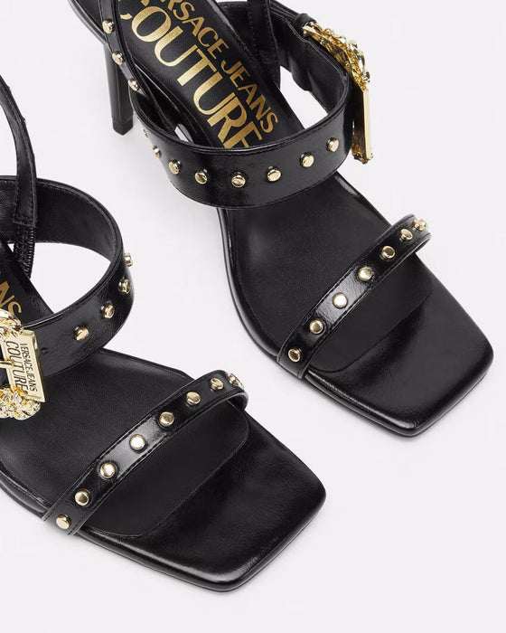 Versace Jeans Couture Womens Black Studded High-Heel Sandals with Gold Buckle