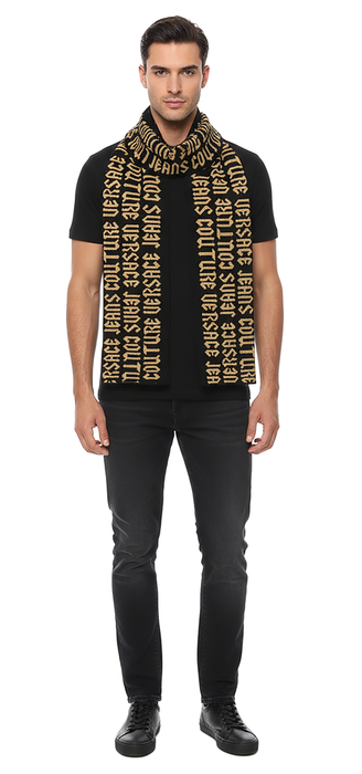 Versace Jeans Couture Gothic Signature Monochrome Black Gold Knitted Mens Scarf