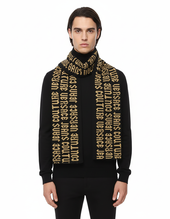 Versace Jeans Couture Gothic Signature Monochrome Black Gold Knitted Mens Scarf