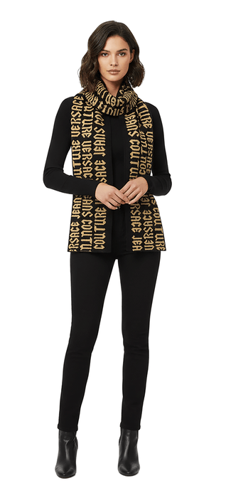 Versace Jeans Couture Gothic Signature Monochrome Black Gold Knitted Womens Scarf