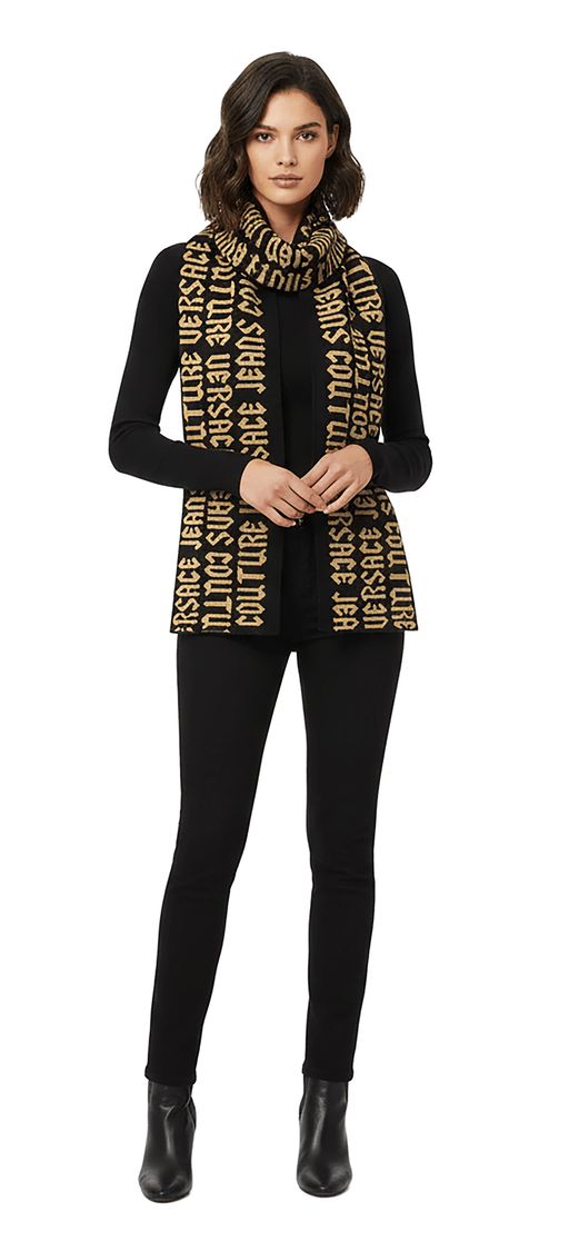 Versace Jeans Couture Gothic Signature Monochrome Black Gold Knitted Womens Scarf