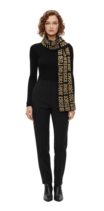 Versace Jeans Couture Gothic Signature Monochrome Black Gold Knitted Womens Scarf