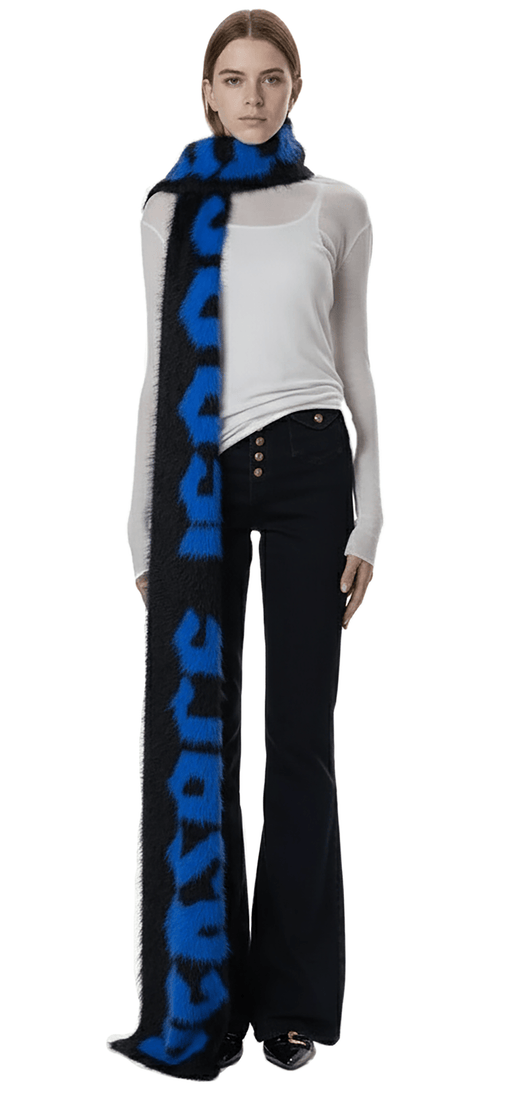 Versace Jeans Couture Bold Blue & Black Oversized Faux Fuzzy Fur Scarf
