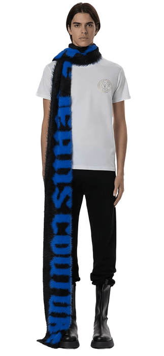 Versace Jeans Couture Bold Blue & Black Oversized Faux Fuzzy Fur Scarf