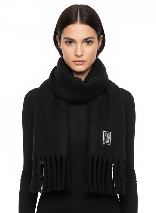 Versace Jeans Couture Black Soft  Scarf with Logo Patch & Fringe Finish