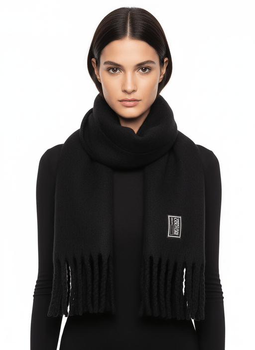 Versace Jeans Couture Black Soft  Scarf with Logo Patch & Fringe Finish