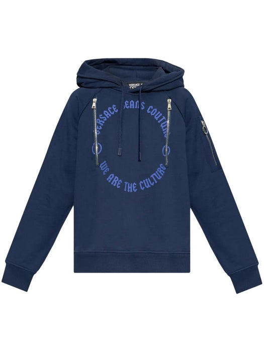 Versace Jeans Couture Steel Blue Cotton Mens Signature Statement Print Hoodie
