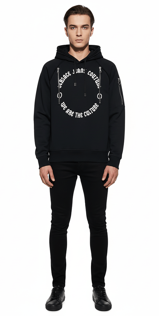 Versace Jeans Couture Black Cotton Mens Signature Statement Print Hoodie