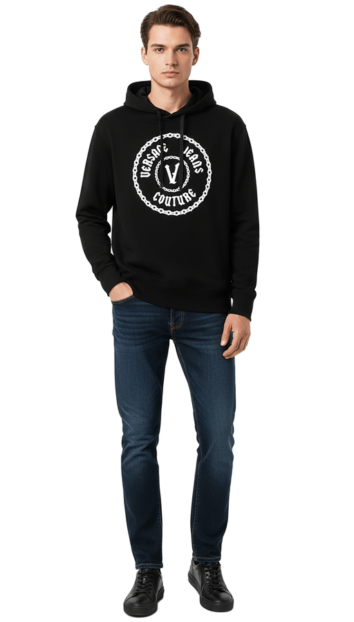 Versace Jeans Couture Black Cotton Mens White Chain Printed Hoodie