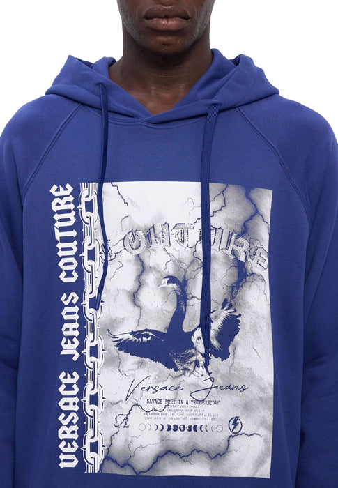 Versace Jeans Couture Steel Blue Cotton Mens Eagle Chain Print Hoodie