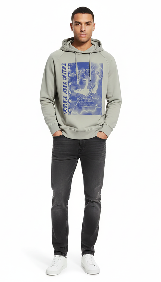 Versace Jeans Couture Ice Grey Cotton Mens Eagle Chain Print Hoodie