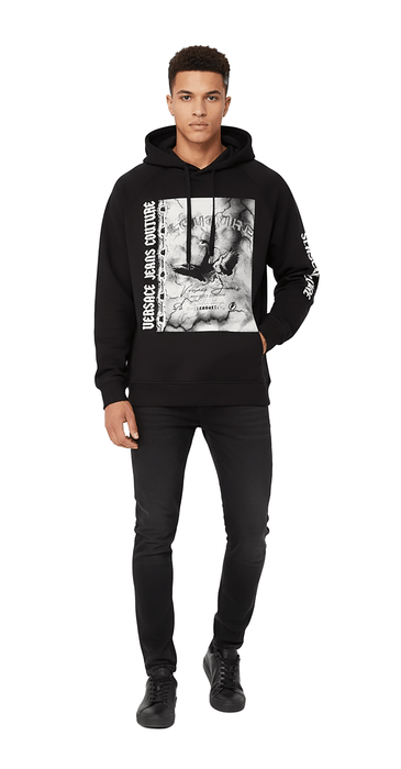 Versace Jeans Couture Black Cotton Mens Eagle Chain Print Hoodie