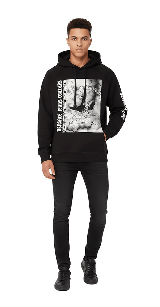 Versace Jeans Couture Black Cotton Mens Eagle Chain Print Hoodie
