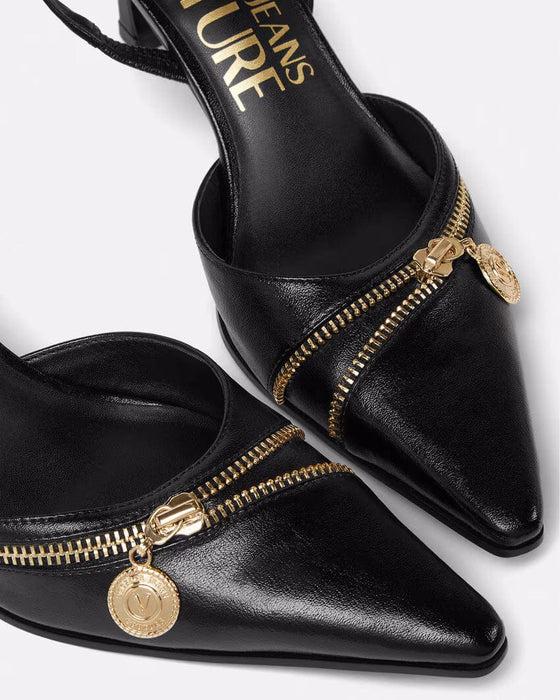 Versace Jeans Couture Womens Sleek Black Zip Slingback Heels-