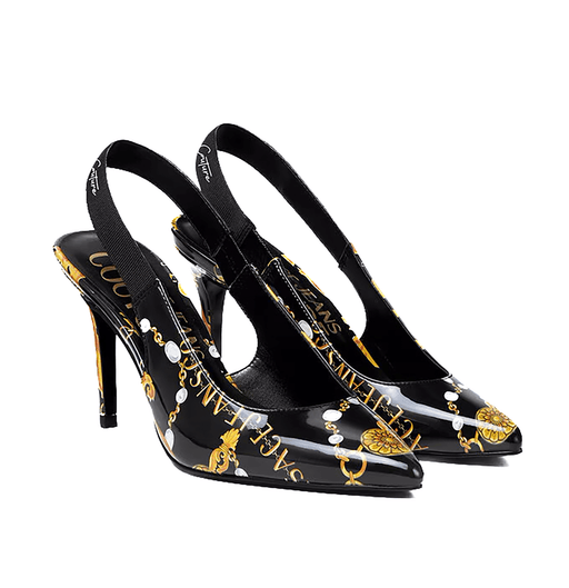 Versace Jeans Couture Womens Black/Gold Baroque Print Slingback Heels-