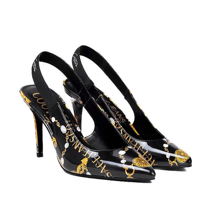 Versace Jeans Couture Womens Black/Gold Baroque Print Slingback Heels-