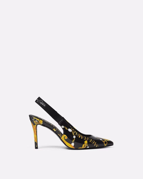 Versace Jeans Couture Womens Black/Gold Baroque Print Slingback Heels-