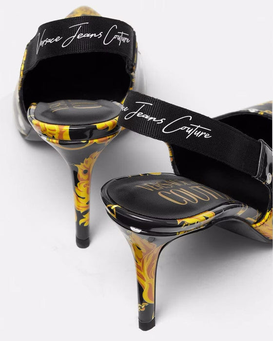 Versace Jeans Couture Womens Black/Gold Baroque Print Slingback Heels-