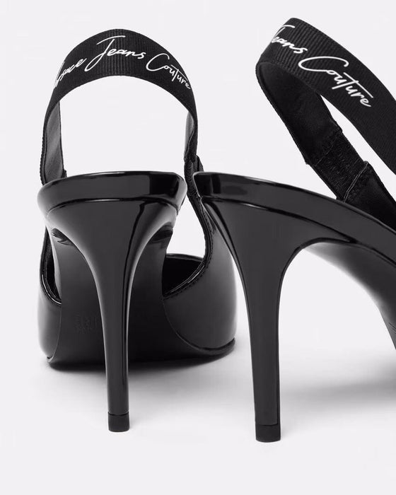 Versace Jeans Couture Womens Black Sleek Signature Print Slingback Heels-