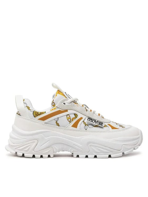Versace Jeans Couture Womens Chunky White Print Sneakers with Gold Chain Motif