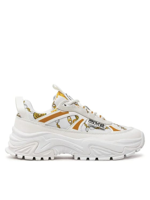 Versace Jeans Couture Womens Chunky White Print Sneakers with Gold Chain Motif
