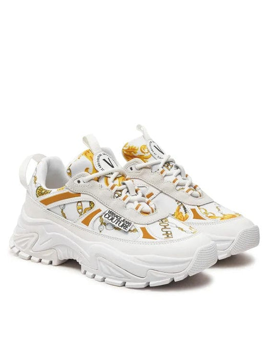 Versace Jeans Couture Womens Chunky White Print Sneakers with Gold Chain Motif