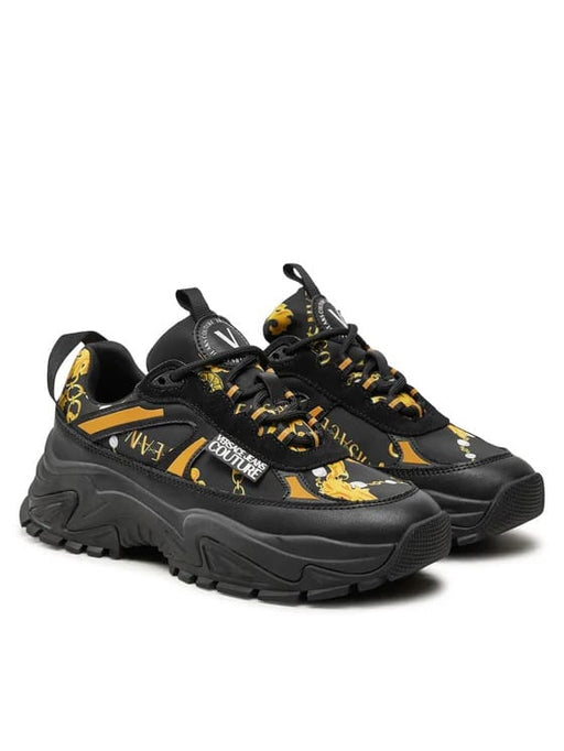 Versace Jeans Couture Womens Chunky Baroque Print Sneakers in Black & Gold