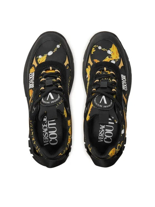 Versace Jeans Couture Womens Chunky Baroque Print Sneakers in Black & Gold