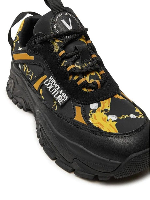 Versace Jeans Couture Womens Chunky Baroque Print Sneakers in Black & Gold