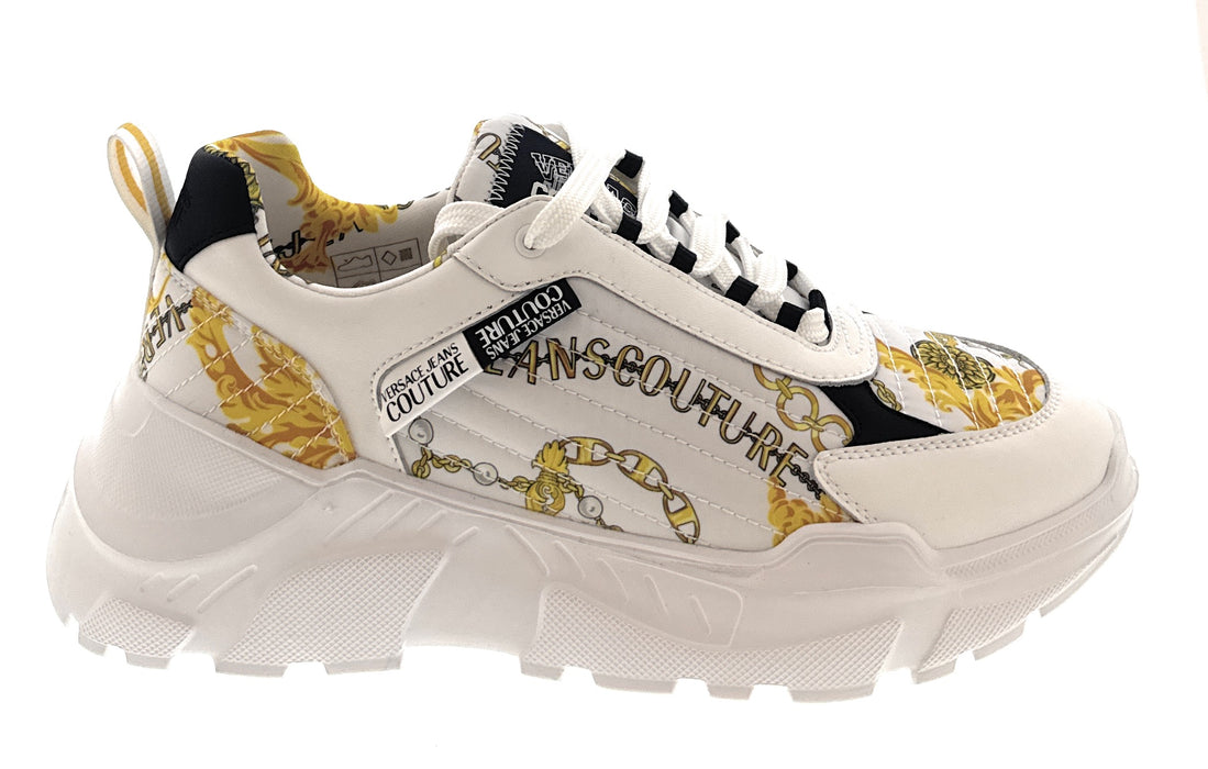 Versace Jeans Couture Mens White/Gold  Baroque Chain Lace-Up Sneakers