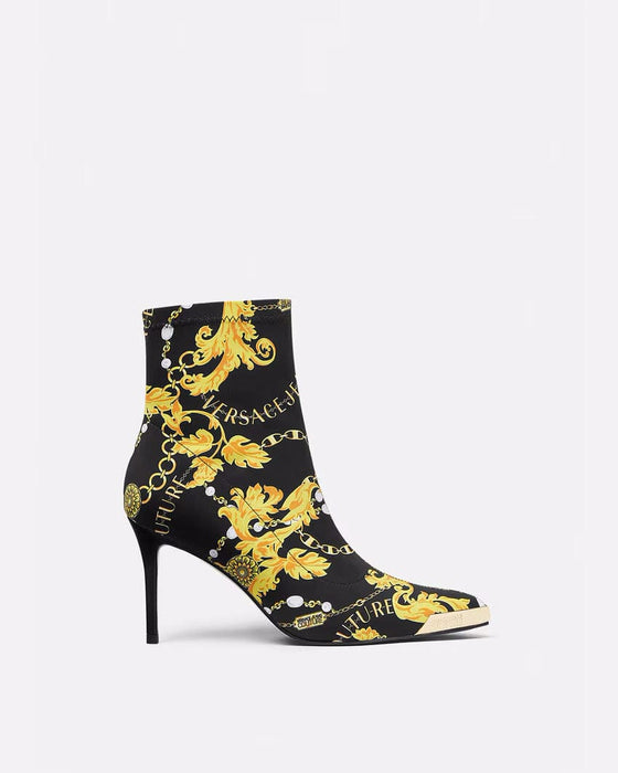 Versace Jeans Couture Womens Black & Gold Baroque Print Heeled Ankle Boots-