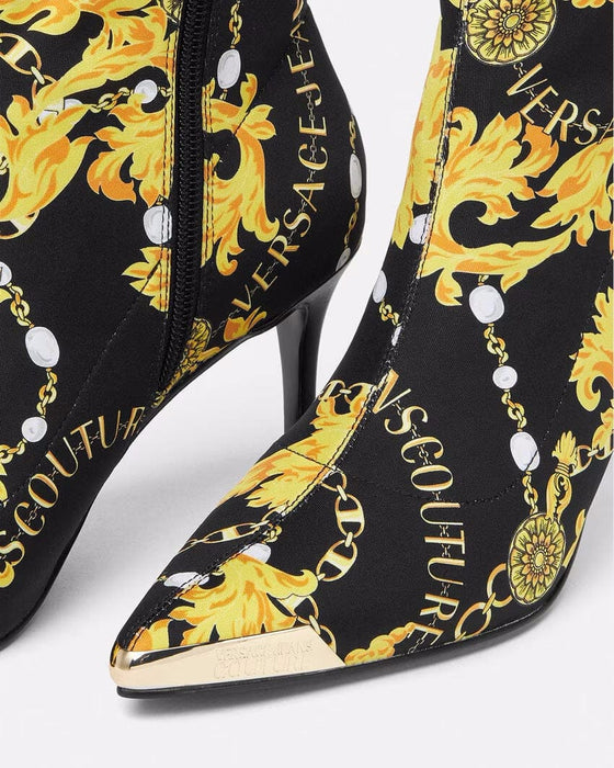 Versace Jeans Couture Womens Black & Gold Baroque Print Heeled Ankle Boots-