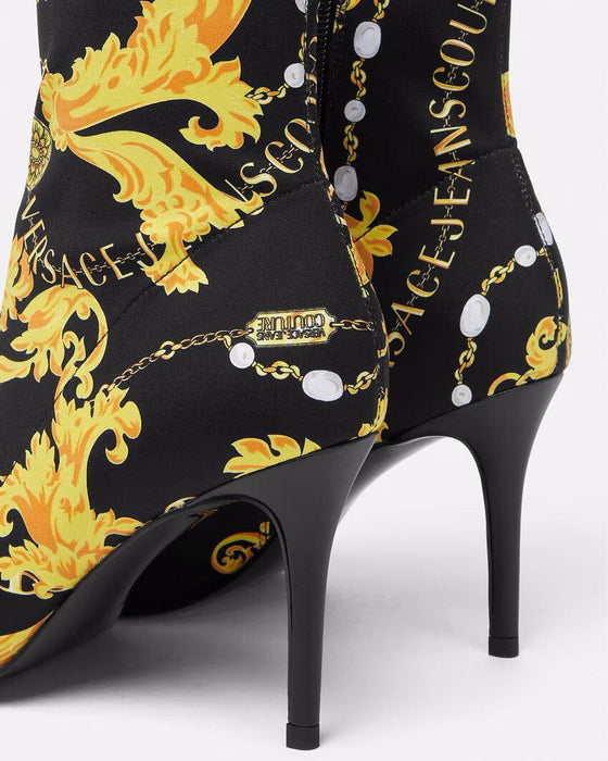 Versace Jeans Couture Womens Black & Gold Baroque Print Heeled Ankle Boots-