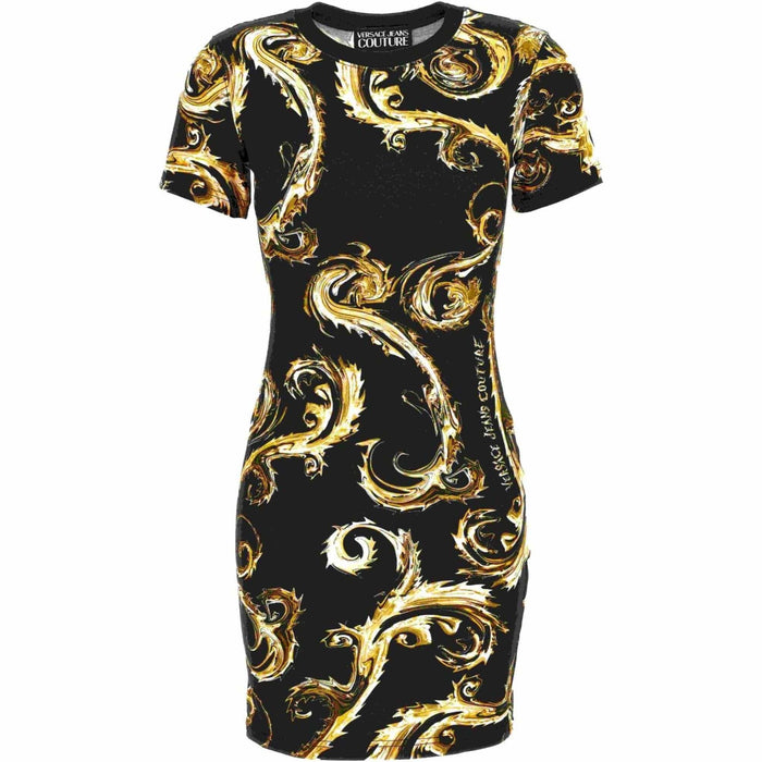 Versace Jeans Couture Black Gold Baroque-Print Fitted T-Shirt Dress