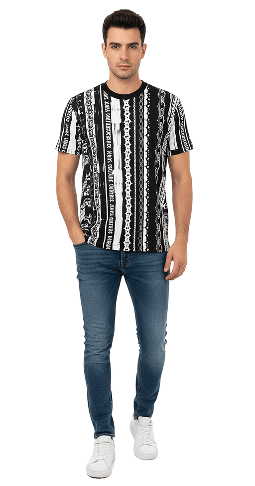 Versace Jeans Couture Black/White Mens Baroque Chain Print  Panel T-Shirt