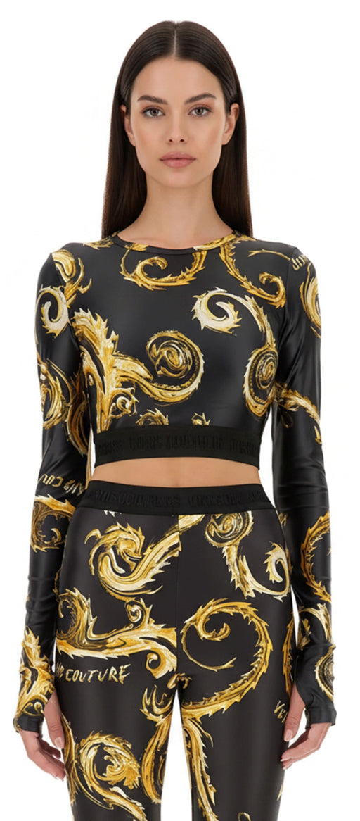 Versace Jeans Couture  Long Sleeve Baroque Print Crop Top-