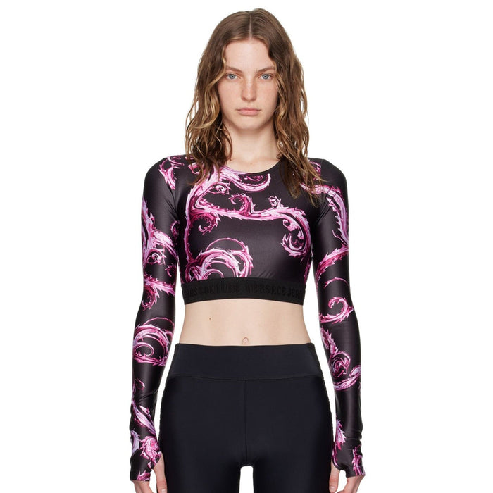 Versace Jeans Couture Black/Pink Long Sleeve Baroque Print Crop Top-