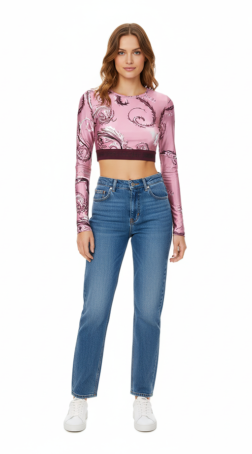 Versace Jeans Couture Rose/Pink Long Sleeve Baroque Print Crop Top-