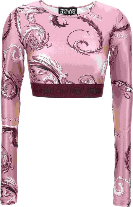 Versace Jeans Couture Rose/Pink Long Sleeve Baroque Print Crop Top-