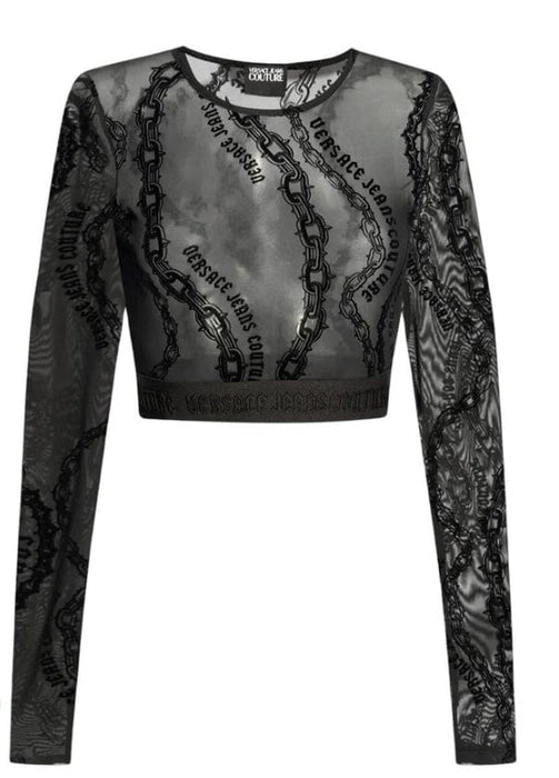Versace Jeans Couture Black Long Sleeve Mesh Print Crop Top-
