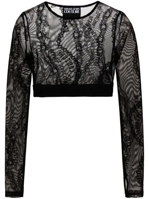 Versace Jeans Couture Black Long Sleeve Mesh Print Crop Top-