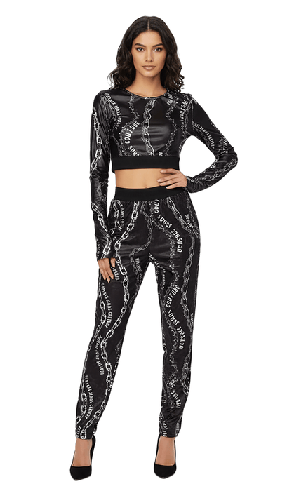 Versace Jeans Couture Black Long Sleeve Chain Print Crop Top-