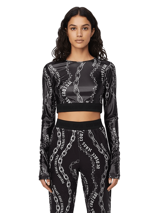 Versace Jeans Couture Black Long Sleeve Chain Print Crop Top-