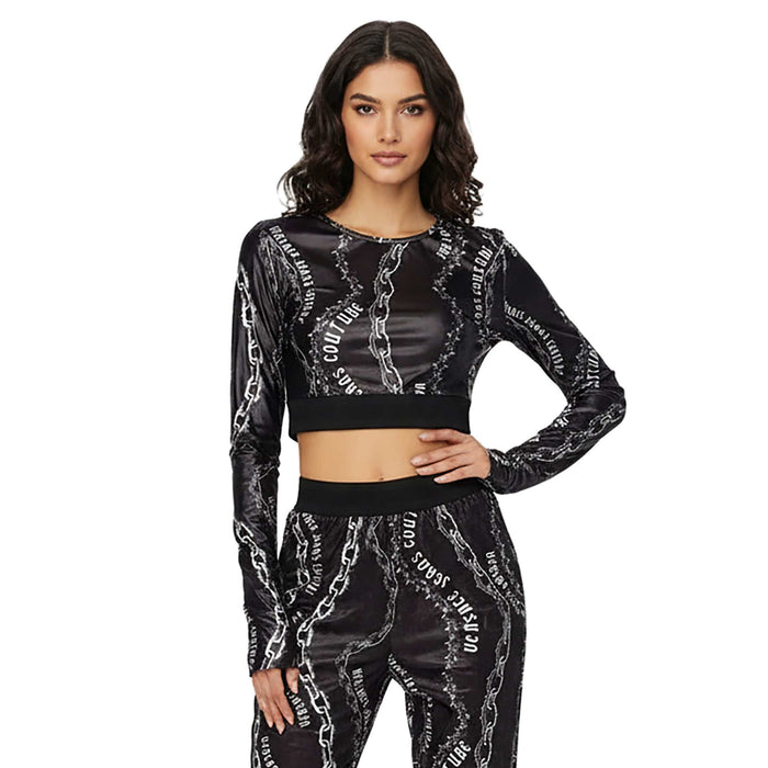 Versace Jeans Couture Black Long Sleeve Chain Print Crop Top-
