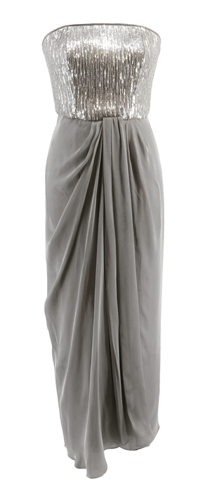 Emporio Armani Silver Beaded  Column Strapless Gown