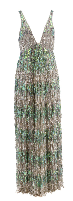 Emporio Armani Grey and Green Sequin Embellished Deep-V Silk Evening Gown