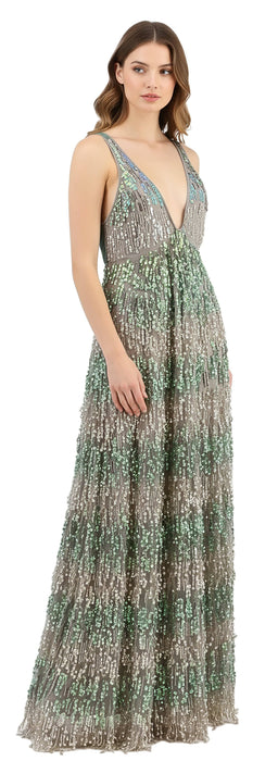 Emporio Armani Grey and Green Sequin Embellished Deep-V Silk Evening Gown