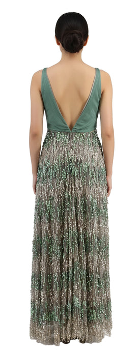 Emporio Armani Grey and Green Sequin Embellished Deep-V Silk Evening Gown