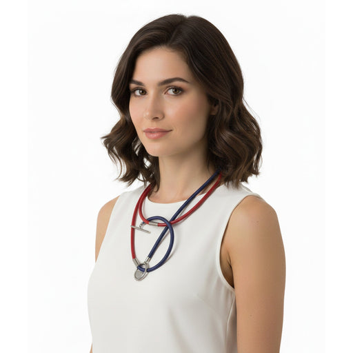 Emporio Armani Red Blue Tricolor Cord Necklace with Clasp