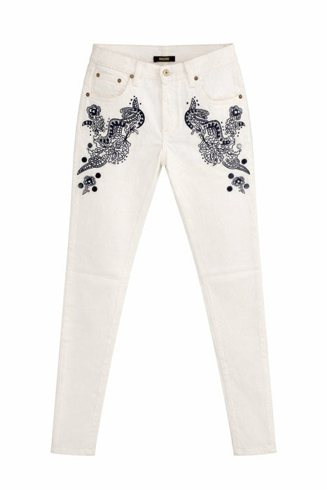 Roberto Cavalli White Skinny Jeans with Navy Embroidery